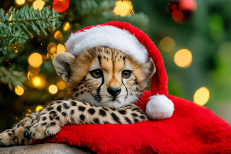 A holiday-themed picture of a cheetah cub in a Santa hat and festive cape, resting near a glowing Christmas tree, perfect for exotic seasonal cards.の素材
