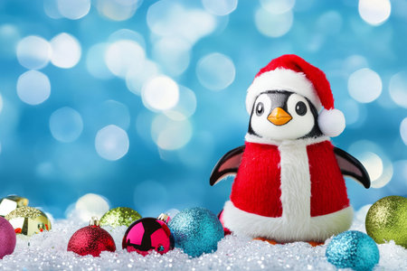 A holiday-themed picture of a penguin dressed in Santa attire, standing on ice with colorful holiday decorations, ideal for festive promotions and cards.の素材
