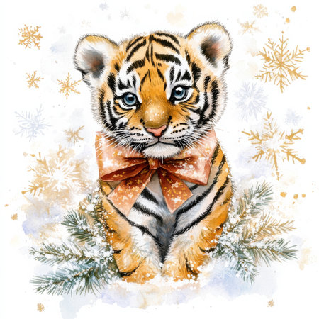 Coquette Christmas tiger cub illustration, watercolor. A striped tiger cub with a holiday bow amidst glowing snowflakes.の素材