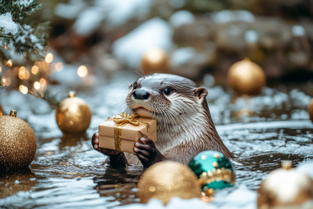 A playful otter holding a tiny wrapped gift, floating in a snowy river surrounded by festive ornaments.の素材