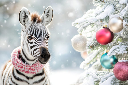 A baby zebra wearing a festive scarf, standing beside a snow-covered tree with colorful ornaments.の素材