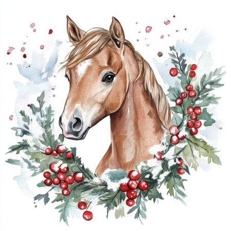 Coquette Christmas horse foal illustration, watercolor. A young horse adorned with a wreath surrounded by snowy decorations.の素材