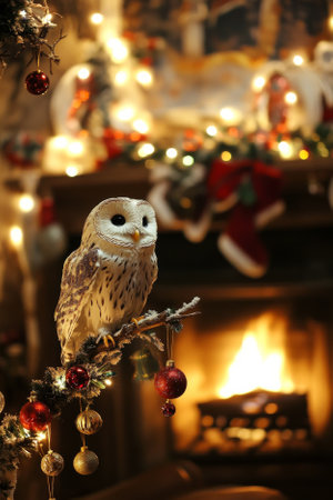 A delightful owl perched on a festive branch near a crackling fireplace. Ornaments, garlands, and glowing candles create a cozy and magical Christmas setting.の素材