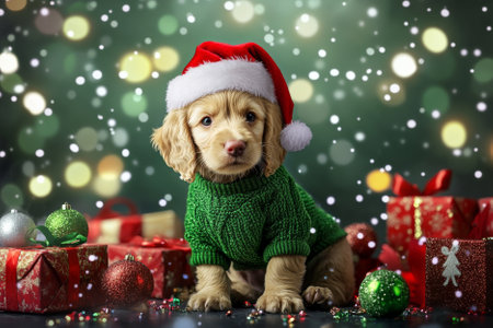 A playful puppy dressed in a green sweater and red Santa hat, surrounded by colorful holiday gifts, sparkling ornaments, and a festive background filled with Christmas cheer.の素材
