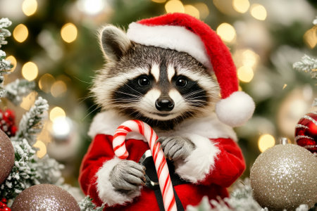 A holiday-themed picture of a raccoon wearing Santa clothes, holding a candy cane amidst festive decorations, perfect for fun seasonal greetings.の素材