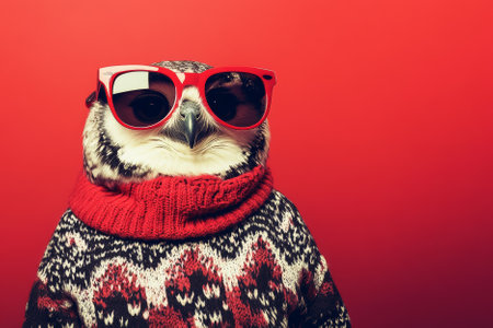 A trendy owl wearing oversized red sunglasses and a patterned sweater, set against a bright red backdrop for a whimsical and festive holiday look.の素材