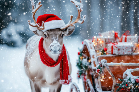 A holiday-themed picture of a reindeer wearing a Santa hat and red scarf, standing beside a decorated sleigh, perfect for Christmas cards and seasonal ads.の素材