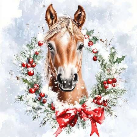 Coquette Christmas horse foal illustration, watercolor. A young horse adorned with a wreath surrounded by snowy decorations.の素材
