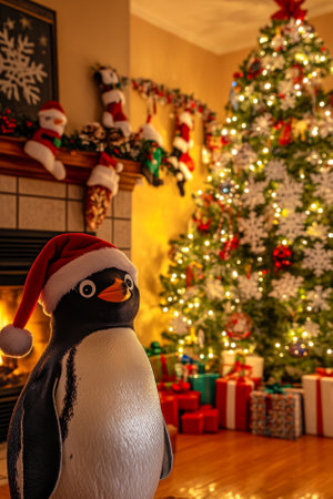 A cheerful penguin wearing a Santa hat, standing near a glowing fireplace. The room is filled with snowflake ornaments, garlands, and a Christmas tree adorned with twinkling lights.の素材