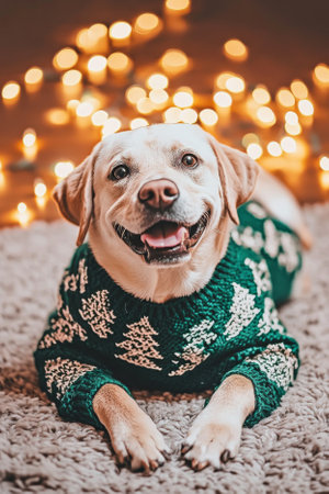 A happy Labrador wearing a knitted green sweater with Christmas tree designs, lying on a soft rug by holiday lights, painted in warm watercolor tones.の素材