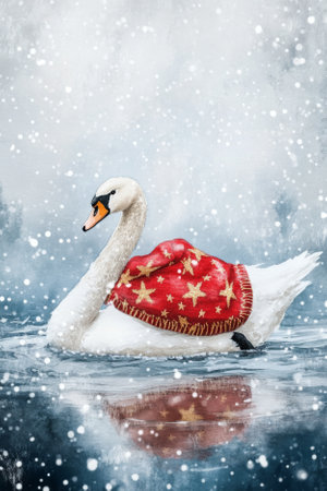 A graceful swan in a red Christmas sweater with golden stars, gliding across a snowy pond under soft snowfall, painted in delicate watercolor.の素材