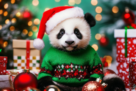 A cheerful panda cub wearing a green holiday sweater and Santa hat, surrounded by bright gifts, ornaments, and a cozy winter scene.の素材