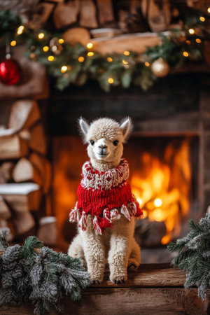 A baby alpaca wearing a knitted holiday scarf, sitting near a rustic fireplace. Festive decorations such as pine garlands, ornaments, and glowing fairy lights add to the warm holiday ambiance.の素材