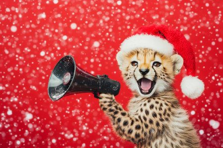 A baby cheetah with a Santa hat, holding a megaphone and spreading festive cheer on a snowy red backdrop.の素材