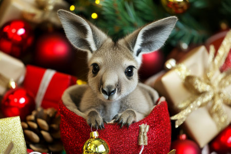 A baby kangaroo peeking out of a festive pouch, surrounded by holiday gifts and ornaments.の素材