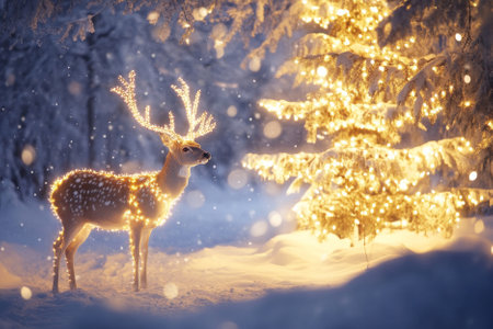 A majestic deer with antlers adorned in Christmas lights, standing in a snowy forest beside a glowing tree.の素材