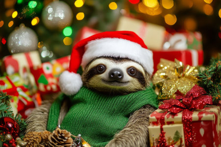 A sweet sloth in a cozy green sweater and Santa hat, lounging among holiday gifts, sparkling decorations, and a cheerful festive backdrop.の素材