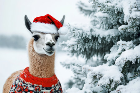A curious llama dressed in a festive sweater and Santa hat, standing beside a snow-covered Christmas tree.の素材