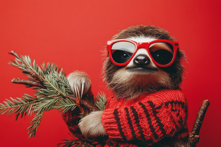 A fashionable sloth in a cozy holiday sweater and oversized red sunglasses, hanging from a branch against a bold red background.の素材