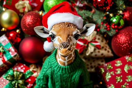 A baby giraffe in a green sweater and Santa hat, standing tall amidst colorful ornaments, presents, and a vibrant Christmas setting.の素材