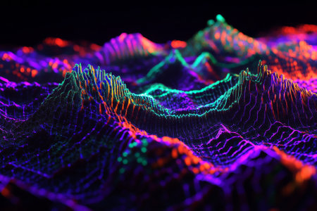 A glowing, intricate 3D fractal pattern in vivid colors, set against a pitch-black background, showcasing an otherworldly digital landscape.の素材