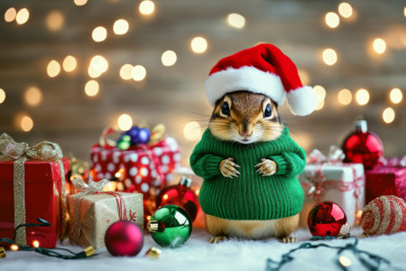 A curious chipmunk in a cozy green sweater and Santa hat, surrounded by colorful presents, twinkling ornaments, and a cheerful holiday scene.の素材