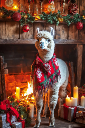 A charming alpaca wearing a holiday scarf, standing near a rustic fireplace surrounded by festive baubles, garlands, and glowing candles.の素材