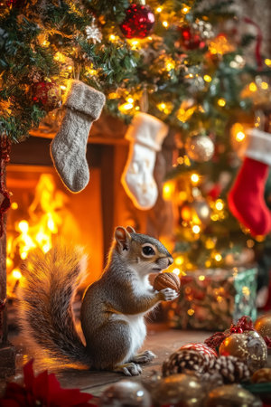 A tiny squirrel holding a Christmas nut ornament, sitting near a glowing fireplace surrounded by festive decorations, including garlands, stockings, and a beautifully decorated holiday tree.の素材
