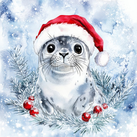 Coquette Christmas seal pup illustration, watercolor. A playful seal with a Santa hat surrounded by frosty holiday dÃÂ©cor.の素材