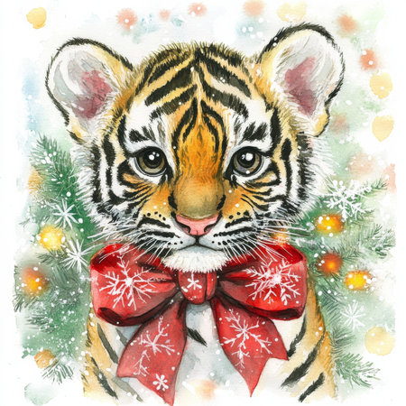 Coquette Christmas tiger cub illustration, watercolor. A striped tiger cub with a holiday bow amidst glowing snowflakes.の素材