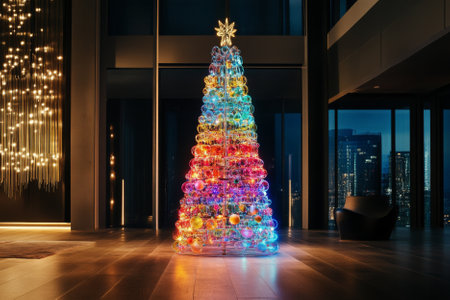 A tall, elegant Christmas tree glowing with fairy lights, decorated with colorful glass ornaments and delicate tinsel, standing in a modern minimalist interior, ideal for presentations or seasonal interior design concepts.の素材