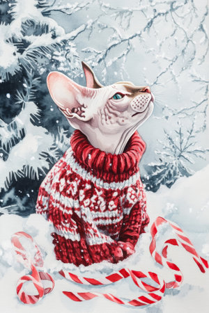 A joyful Sphynx cat in a knitted red Christmas sweater with candy cane stripes, playing with festive ribbons on a snowy table, painted in whimsical watercolor.の素材