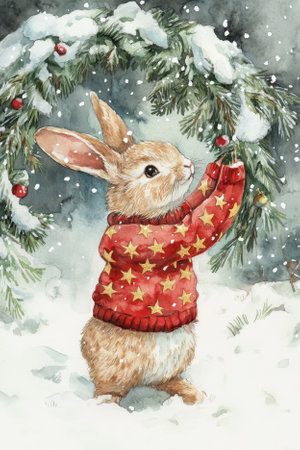 A fluffy bunny in a festive red sweater with golden stars, playing in the snow near a holiday wreath, rendered in watercolor.の素材