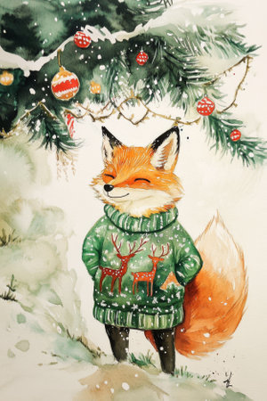 A playful fox in a green sweater with festive reindeer designs, standing under a decorated evergreen tree, rendered in soft watercolor.の素材