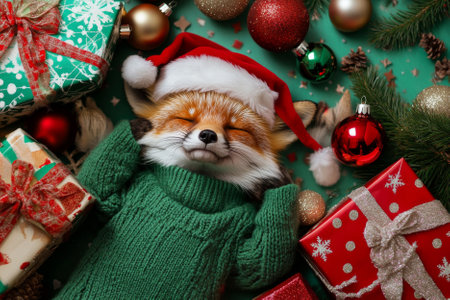 A cuddly red fox in a green sweater and Santa hat, lying among vibrant holiday gifts, glittering decorations, and a cheerful Christmas setting.の素材