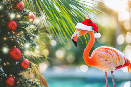 A graceful flamingo with a Santa hat, standing near a decorated palm tree in a tropical Christmas scene.の素材