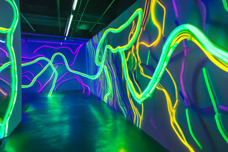 A dynamic neon tunnel with bright green, yellow, and blue lights, twisting in an abstract pattern to evoke a sense of movement.の素材