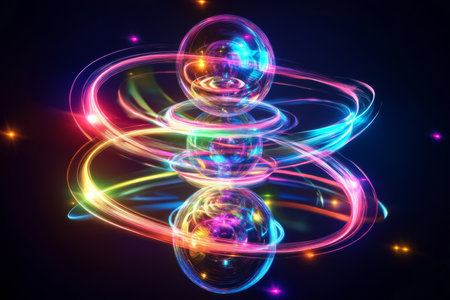 A 3D holographic design of interconnected spheres and cylinders, floating gently in space with vibrant neon lights, set against a deep black background.の素材