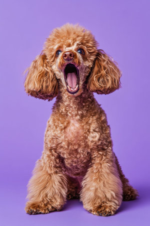 A surprised and angry Poodle isolated on a purple background, fur fluffed up with a playful and excited expression.の素材