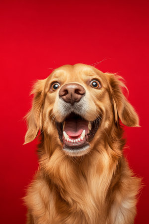 Angry and surprised Golden Retriever isolated on a red background with a funny and excited expression, ears perked up and eyes wide open.の素材