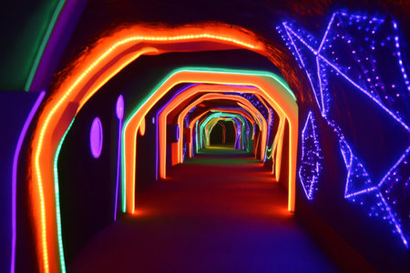 A neon tunnel illuminated in glowing orange, green, and purple lights, with geometric shapes appearing along the walls.の素材