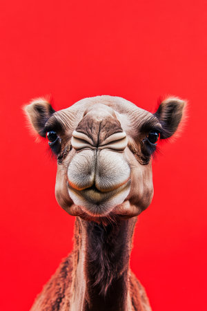 Angry and surprised camel isolated on a red background, eyes wide open and hump raised in surprise.の素材