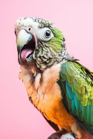 Surprised and angry parrot isolated on a pink background, feathers fluffed out and wings slightly spread in surprise.の素材