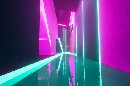 A sleek abstract tunnel illuminated by bright purple and teal neon lights, casting sharp reflections on its polished floor.の素材