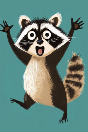 A playful and excited raccoon isolated on a turquoise background, with wide eyes and its tail held high in surprise.の素材