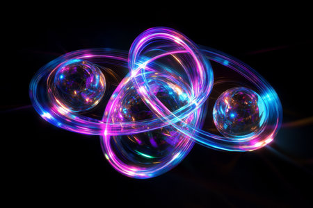 A 3D holographic design of interconnected spheres and cylinders, floating gently in space with vibrant neon lights, set against a deep black background.の素材