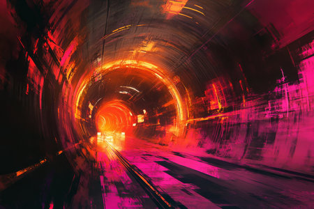 A glowing, modern tunnel with pulsating neon lights in fiery orange and bright pink, giving a vibrant, futuristic ambiance.の素材