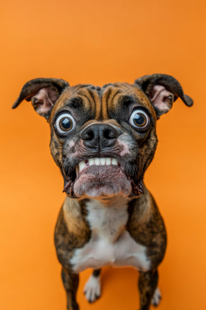 A funny and excited Boxer dog with wide eyes and an angry expression, isolated on an orange background.の素材