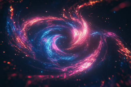 A digital 3D vortex made of swirling neon lights, rotating slowly in space against a dark black background, creating a mesmerizing visual effect.の素材
