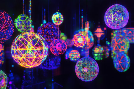A 3D scene of glowing light orbs and geometric patterns suspended in a pitch-black void, illuminated from within by neon hues.の素材